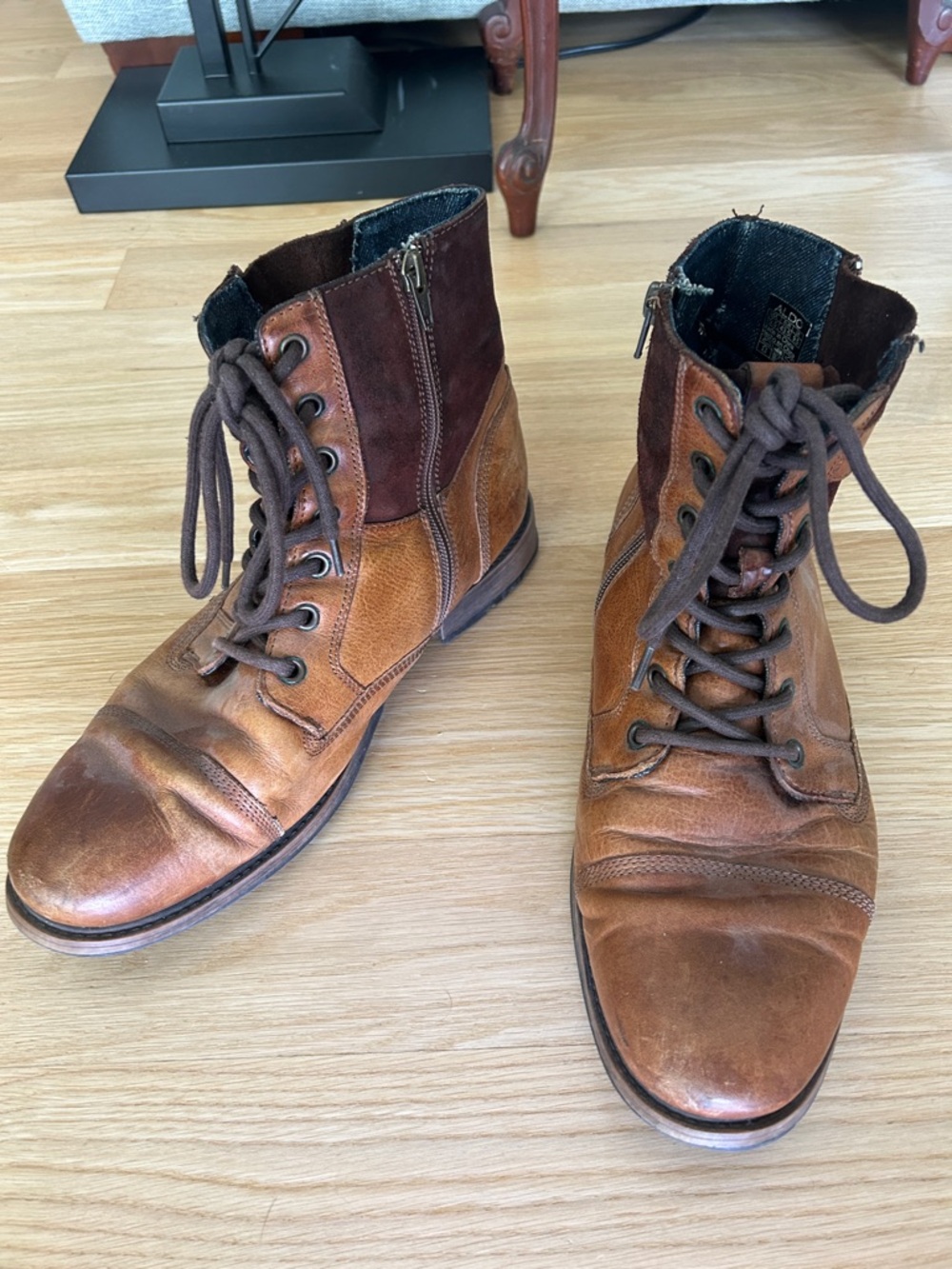 Aldo Brown and Dark Brown Leather Lace-Up Combat Boots - Picture 2 of 4